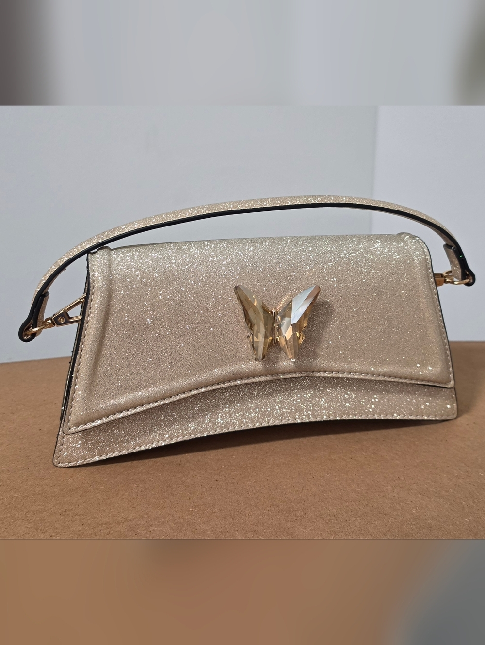 Aldo Glitter Champagne Clutch with Crystal Butterfly